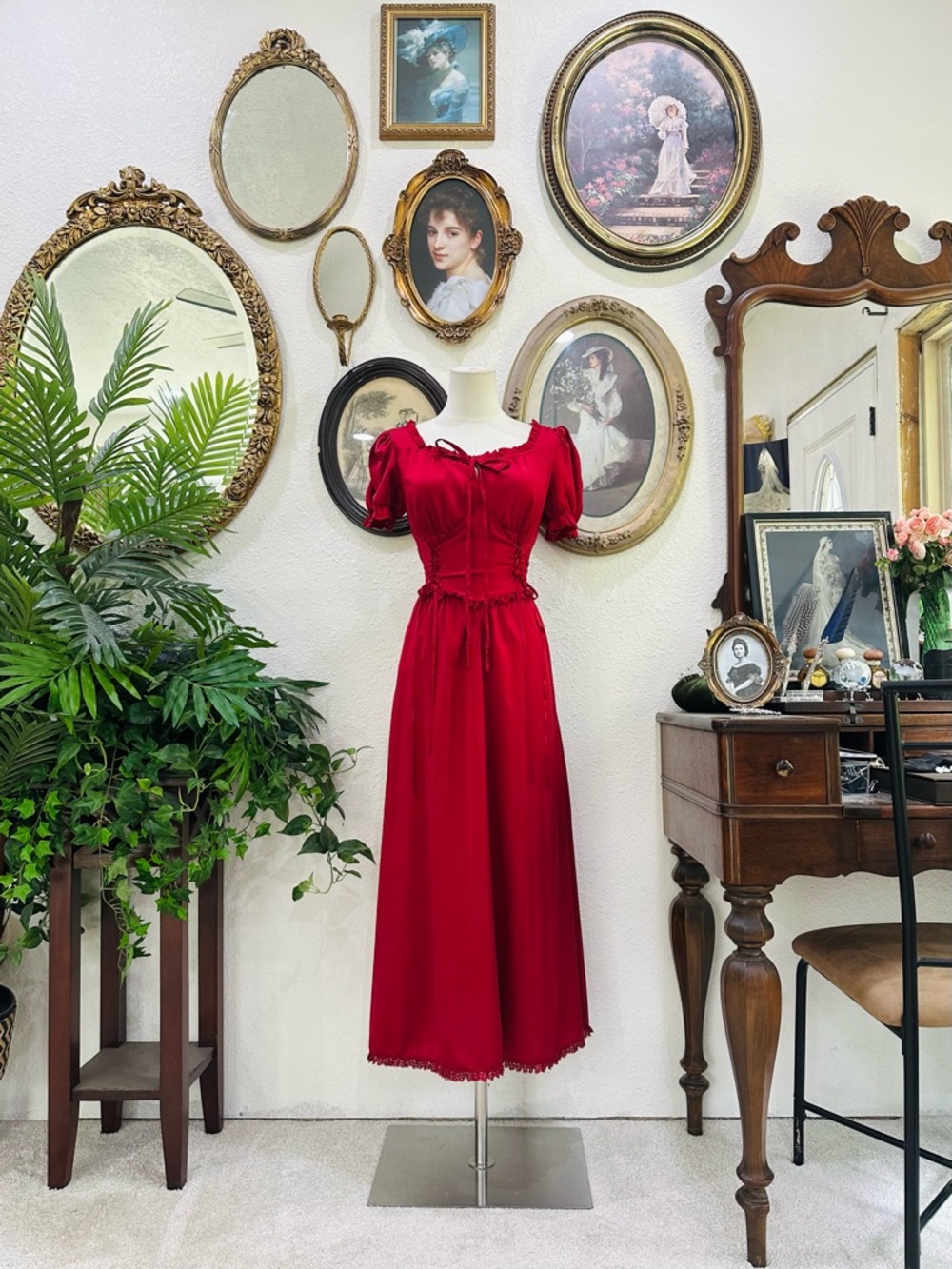Vintage-Inspired Red Midi Dress with Puff Sleeves